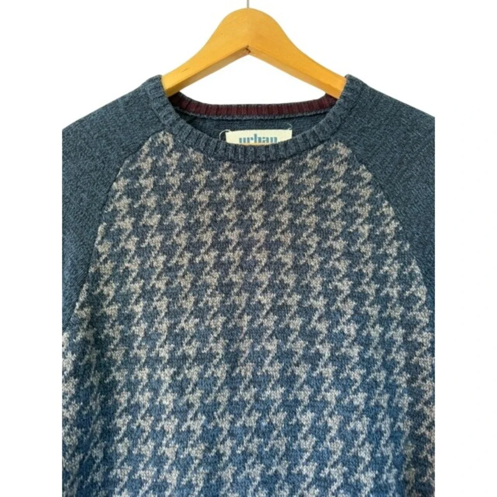Urban Pipeline Mens Large Blue Houndstooth Raglan Crewneck Sweater Cotton Blend